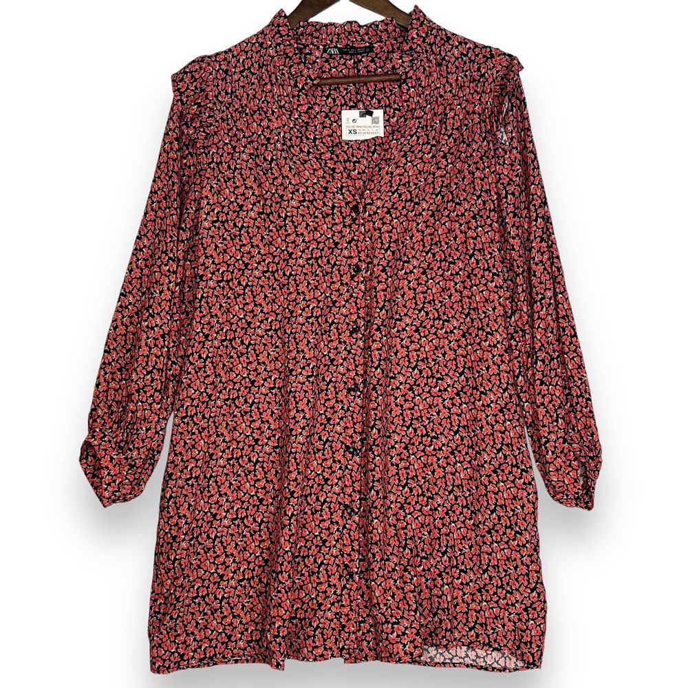 NWT Zara Ditsy Floral Button Up Babydoll Dress‎ Long Sleeve Ruffle Black Red XS
